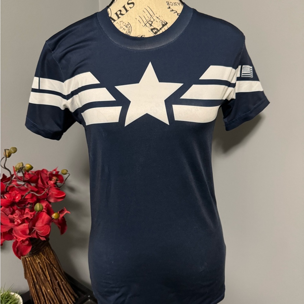 Navy Blue Star Graphic T-Shirt - Captain America Shirt - Size Small